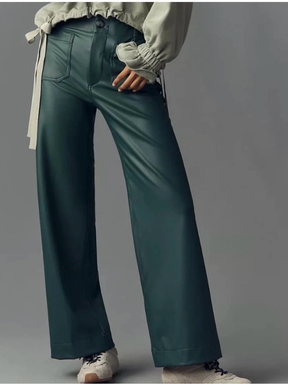 Maeve The Colette Full Length Faux Leather Wide Leg Pants Dark Green size 27